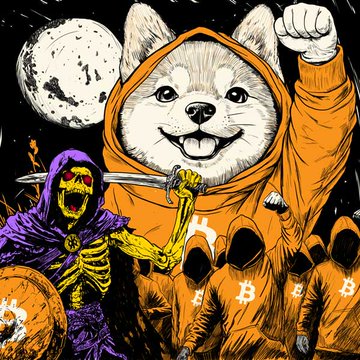 A vibrant illustration featuring a Shiba Inu dog in an orange Bitcoin-themed hoodie, accompanied by a grim reaper figure and hooded figures also wearing Bitcoin hoodies, all set against a dark background with a full moon.