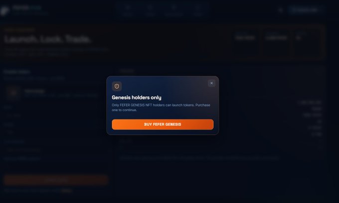 A pop-up dialog box reading 'Genesis holders only. Only FEFER GENESIS NFT holders can launch tokens. Purchase one to continue,' with an orange 'BUY FEFER GENESIS' button.