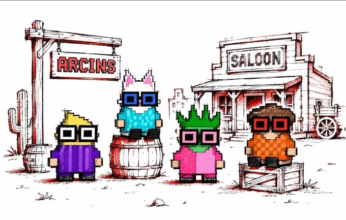 A pixel-art illustration of four colorful characters wearing sunglasses in front of a western-themed 'SALOON' and a swinging sign reading 'ARCINS'.