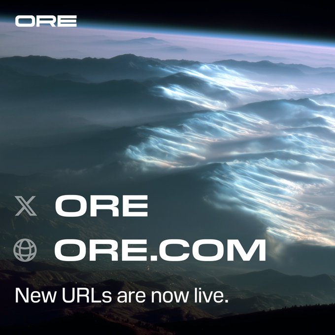 The image features a mountain landscape with a cloudy sky, possibly taken from space. Below the mountains are clouds that appear white and fluffy. In the foreground of the image, there's text that reads "ORE X ore.com". The text is in black against a white background, making it stand out. The phrase "New urls are now live" is also present in the image.