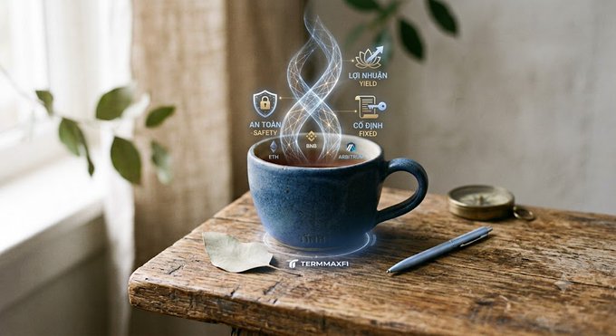 A dark blue ceramic mug of steaming coffee sits on a rustic wooden table next to a window, with various floating graphic icons and text labels like 'LOI NHUAN YIELD', 'AN TOAN SAFETY', and 'CO DINH FIXED' hovering above the steam.