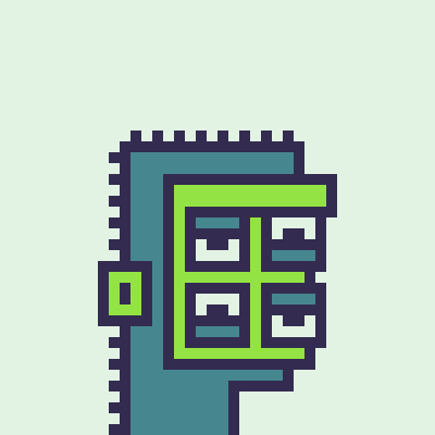 Simple pixel-style icon of a machine or device in teal and green colors on a light green background.