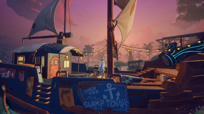 A stylized animated scene shows a small character standing on a boat at sunset, with a sign reading 'OTHER SIDE SWAMP TOURS' visible in the foreground.