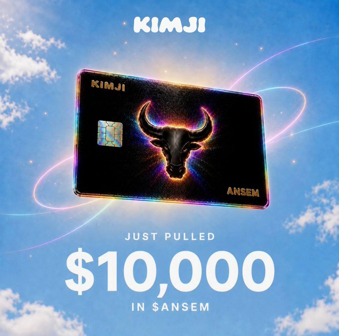 A promotional graphic from KIMJI featuring a holographic black credit card with a glowing bull design and "ANSEM" branding, set against a bright blue sky backdrop. The text announces "JUST PULLED $10,000 IN $ANSEM," highlighting a rare card withdrawal where only two $ANSEM cards remain.