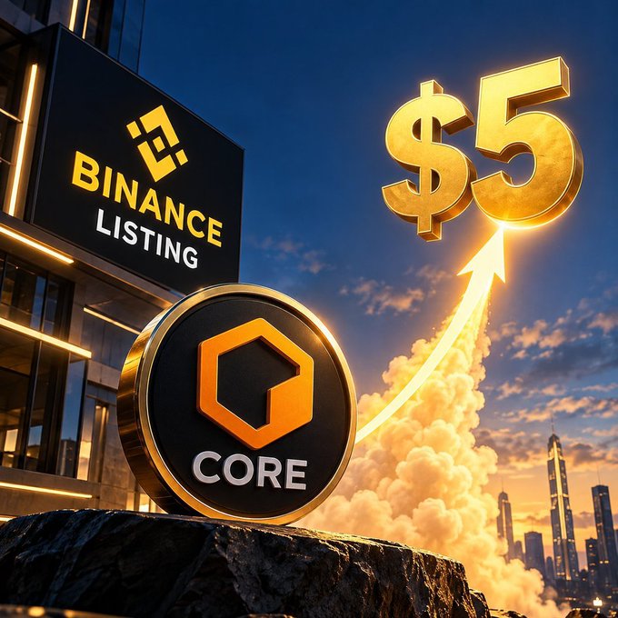 A digital graphic showing a Binance Listing sign and a glowing golden '$5' symbol with a rocket trail, alongside a 'CORE' coin logo.