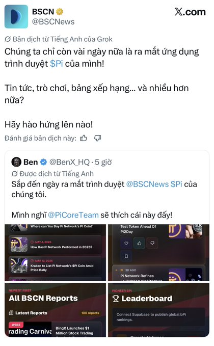 The image shows a social media post featuring an image of a Twitter feed containing text written in Thai. The content seems to be related to the topic of BSCN or Bitcoin News, as indicated by the caption provided within the image. It also mentions that BSCN is launching its Pi browser application and testing it on Pi browser, which implies integration with Pi login. The post focuses on what appears to be an interesting update from the Bitcoin News website, and there might be some discussion surrounding this news related to Bitcoin and its impact on the ecosystem or the Bitcoin blockchain.
