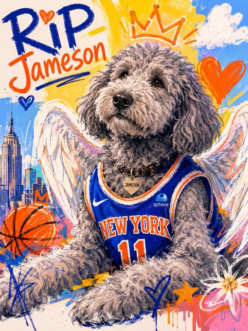 The image features an illustration of a dog wearing a basketball jersey with the number 11 on it. The dog appears to have wings, giving it a unique appearance. The background of the image includes a city skyline, adding depth and context to the scene. The caption below the image reads "Focus on what is in the image and how it relates to the post", indicating that the focus should be on the dog's attire and its connection to the #JusticeForJameson movement.