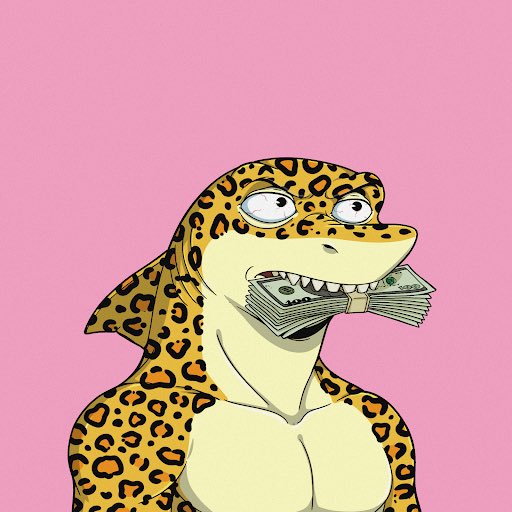 A cartoon illustration of a leopard-like humanoid character with a smug expression holding a stack of dollar bills in its mouth against a pink background.