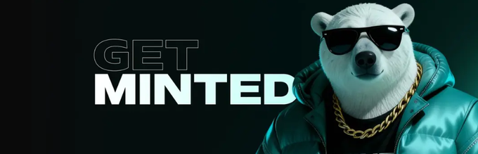 A banner features a polar bear wearing sunglasses and a gold chain against a teal background, with bold text reading 'GET MINTED.'