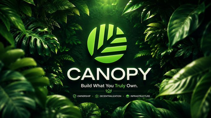 A promotional banner for 'CANOPY' with the tagline 'Build What You Truly Own,' featuring a green leaf logo surrounded by tropical foliage and highlighting Ownership, Decentralization, and Infrastructure.