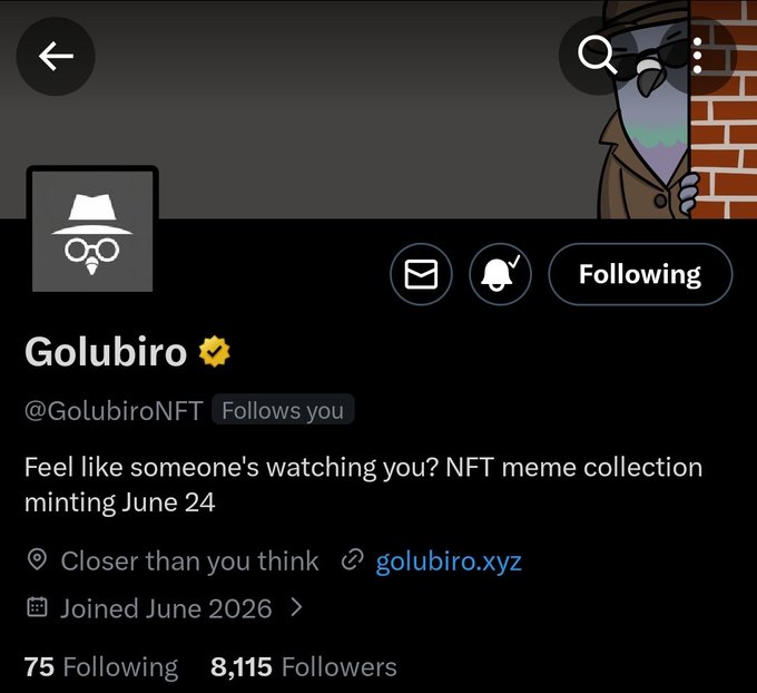 The image shows a social media post with a Twitter account that has been created by @GolubiroNFT. The post features a cartoon character wearing a hat, glasses, and sunglasses peeking out from behind a brick wall. The post includes a link to Mint details for an interesting mint called @GolubiroNFT. The post also mentions the hashtag #mints and the account's followers count of 75.