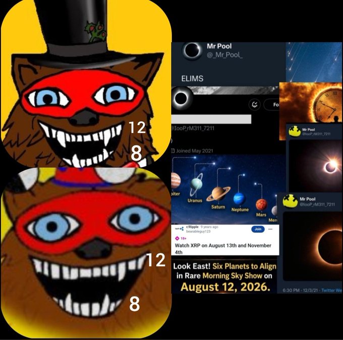 The image is a collage featuring a cartoon bear mascot (with a top hat and red mask), solar eclipse visuals labeled "Mr Pool" (@_Mr_Pool_) from May 2021, and a screenshot referencing "Look East! Six Planets to Align" on August 12, 2026, tying into an XRP promotional riddle about the bear gazing at the sun during a rare celestial event.