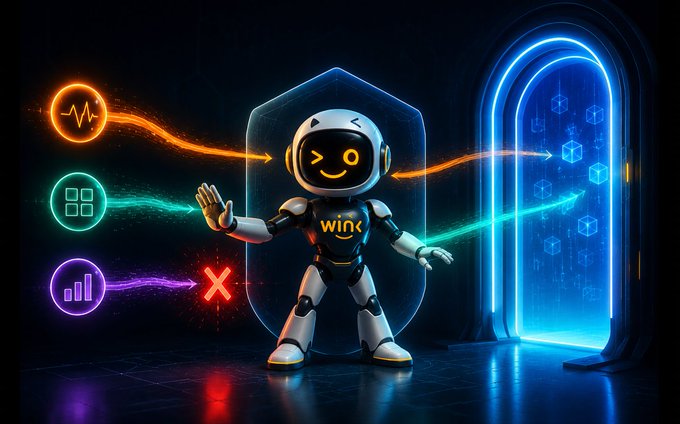 A friendly robot mascot labeled "winX" stands behind a transparent shield, deflecting or filtering colorful data streams—vital signs, charts, and metrics—through a glowing blue portal representing blockchain connectivity, illustrating the role of reliable oracles delivering accurate real-world data to automated smart contracts in DeFi.