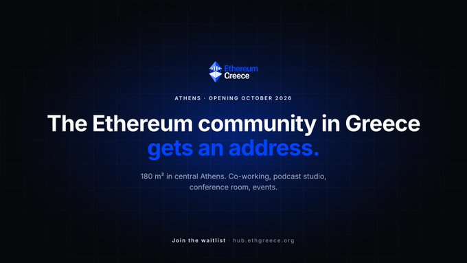Promotional graphic for "Ethereum Greece" announcing the upcoming Athens hub opening October 2026, featuring a dark blue background with the tagline "The Ethereum community in Greece gets an address," highlighting the 180 m² central Athens co-working space and providing the waitlist link at hub.ethgreece.org.