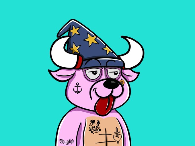 A cartoon illustration of a pink bull with its tongue sticking out, wearing a blue wizard hat decorated with gold stars, and featuring tattoos on its chest including a skull, anchor, and heart, signed 'Thuglife'.