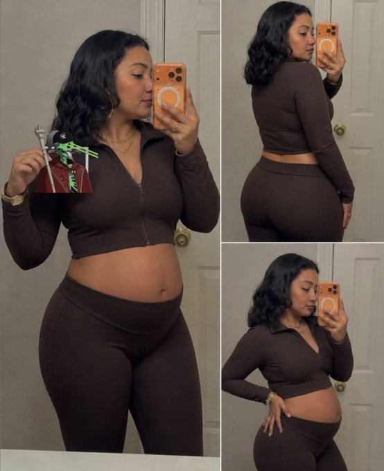 A collage of three mirror selfies showing a woman in a brown zip-up crop top and matching leggings holding a small decorative red box, taking photos with an orange phone case.