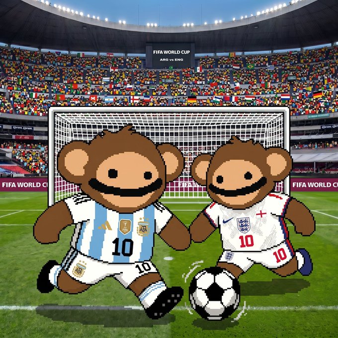 Two cartoon monkey mascots, wearing #10 Argentina and England jerseys, face off in front of a FIFA World Cup goal during the ARG vs ENG match, visually representing the Messi vs Bellingham showdown teased in the post.