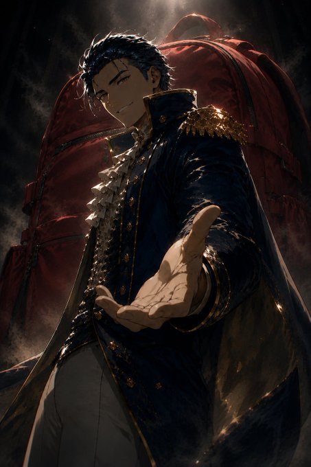 An anime-style illustration of a male character with dark hair and glasses, wearing an ornate blue and gold coat, reaching his hand forward against a dark, dramatic background.
