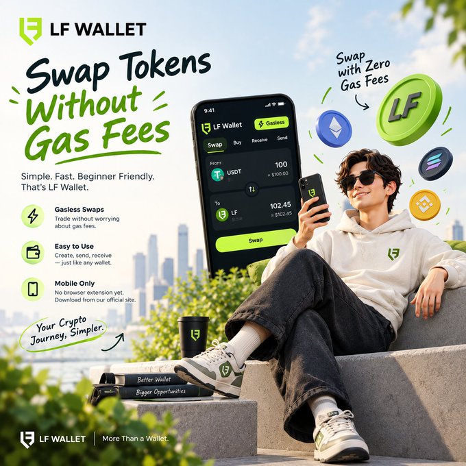 A promotional graphic for LF Wallet features a person sitting outdoors with a smartphone displaying the app's token swap interface, showing a trade of 100 USDT to 102.45 LF ($102.90), alongside floating cryptocurrency coins. The ad highlights "Swap Tokens Without Gas Fees" and lists features including gasless swaps, easy mobile use, and a tagline "Your Crypto Journey, Simpler."