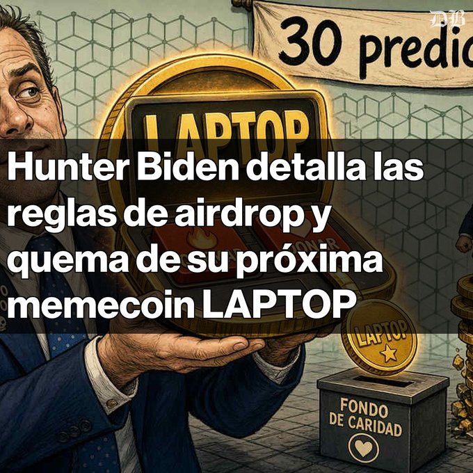 A cartoon-style illustration depicts Hunter Biden in a suit holding a golden laptop-shaped coin labeled "LAPTOP," with a donation box reading "FONDO DE CARIDAD," stacks of gold coins, and a banner mentioning "30 predicciones" in the background. Spanish overlay text reads: "Hunter Biden detalla las reglas de airdrop y quema de su próxima memecoin LAPTOP," summarizing the post's announcement of the memecoin's distribution model.