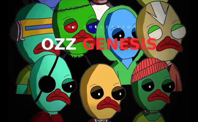 A promotional graphic for the "OZZ GENESIS" NFT collection features a group of cartoon-style characters with colorful mask-like faces and downturned red mouths. The image ties to the accompanying post by visualizing the 3,333 Genesis OG NFT mint associated with the OZZLAB protocol, presenting the collection as the foundation for its 3,333 governance and access wallets.
