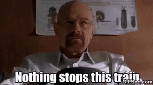 The image features an older man wearing glasses sitting down with his arms crossed, looking directly at the camera. The caption below him reads "Nothing stops this train", which seems to be a reference to the idea of persistence or determination. The image also includes text that says "We have unshakable determination and belief in the #FlareNetwork Green day, red day, bull market, bear market, we continue to built dApps and process transactions as a validator!" This could be interpreted as an advertisement for a cryptocurrency project or a digital currency platform.