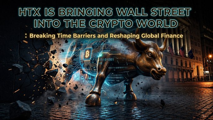The image features a large bull statue with its head turned towards the camera, standing on a brick road surrounded by rubble. The text above the bull reads "HTX is bringing Wall Street into the crypto world", indicating that the bull represents the cryptocurrency industry and the text above it states "Breaking time barriers and reshaping global finance".