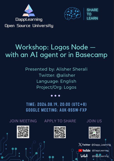 Event poster for a DappLearning workshop titled 'Workshop: Logos Node — with an AI agent or in Basecamp' presented by Alisher Sherali on 2026.08.19.