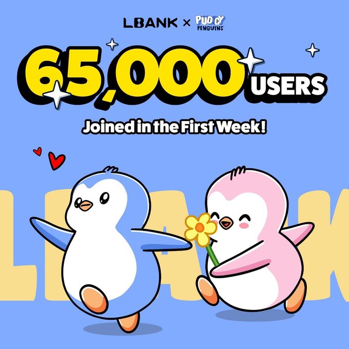 A promotional graphic for 'LBANK x PUDGY PENGUINS' celebrates '65,000 USERS Joined in the First Week!' with an illustration of a blue and a pink penguin.