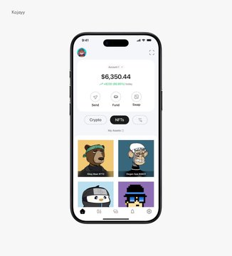 The image shows a black smartphone with a white background displaying an app called "NFTs", which stands for Non-Fungible Tokens. The phone's screen features a collection of colorful cartoon characters, including a bear, a cat, and other animals. The NFTs section is designed to make it easy for users to view and manage their digital art collections on the app.