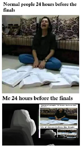 A meme with two panels captioned 'Normal people 24 hours before the finals' showing a girl studying with books, and 'Me 24 hours before the finals' showing someone lying in bed with a blanket over their head.