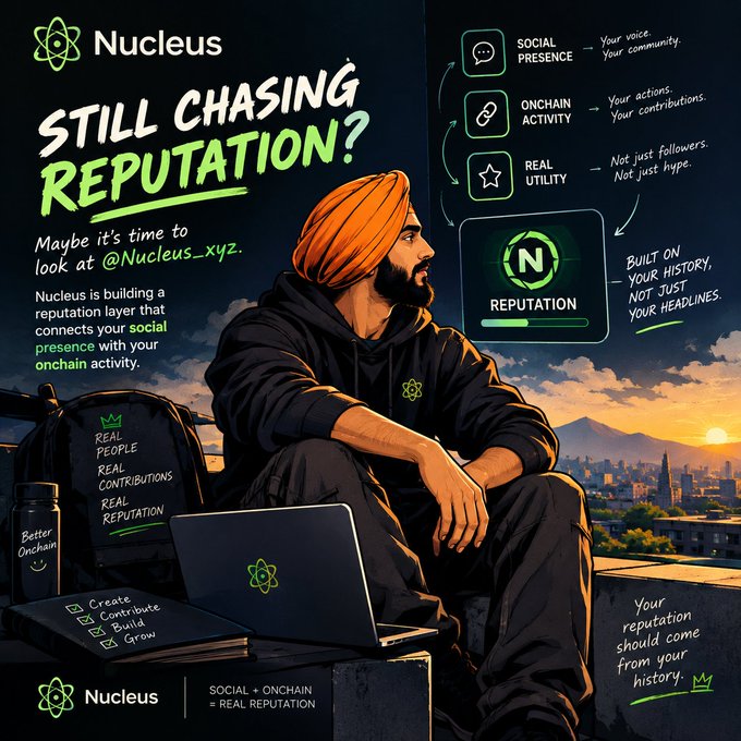 A promotional graphic for 'Nucleus' featuring a turbaned man with a laptop, titled 'STILL CHASING REPUTATION?' and highlighting features like 'SOCIAL PRESENCE,' 'ONCHAIN ACTIVITY,' and 'REAL UTILITY' under the handle @Nucleus_xyz.