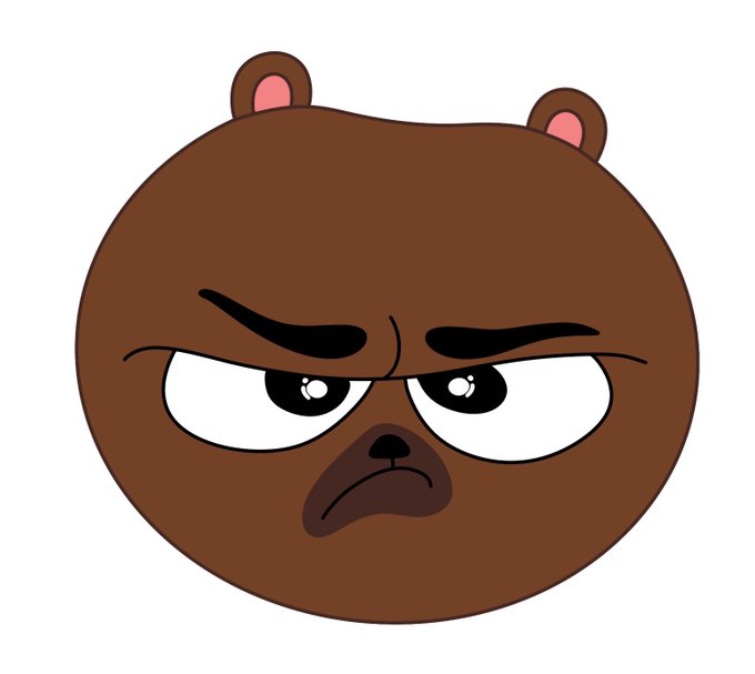A cartoon illustration of a round brown bear head with pink-lined ears and an angry, furrowed expression.