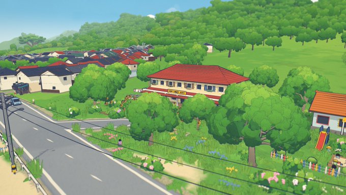 An anime-style illustration of a peaceful suburban landscape featuring a house with a red roof surrounded by lush green trees, wildflowers, a road, and rolling hills in the background.