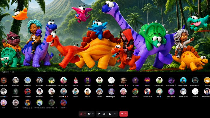 A colorful digital illustration featuring various cartoon characters riding dinosaurs in a jungle setting, with a row of user profile icons and a call interface at the bottom.