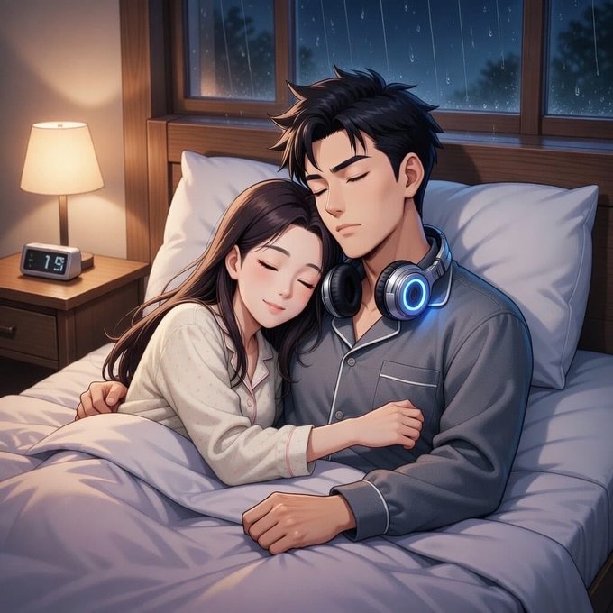 An anime-style illustration shows a couple cuddling in bed on a rainy night, with the man wearing headphones around his neck and a digital clock reading 7:19 on the nightstand.
