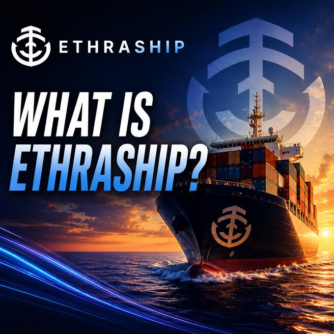 A promotional graphic for 'ETHRASHIP' featuring a cargo ship at sea with the text 'WHAT IS ETHRASHIP?' and the company's logo.