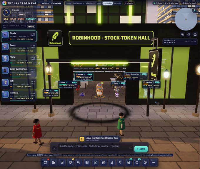 A screenshot of the 'Two Lands of Ma'at' metaverse shows a virtual 'ROBINHOOD - STOCK-TOKEN HALL' with avatars, chat UI, and various company tickers (Maat, Claude, Pluto, Codex) on a leaderboard.