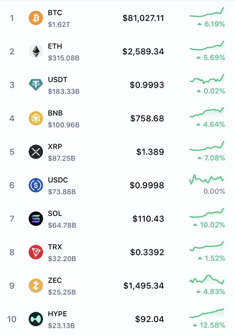 A cryptocurrency market leaderboard showing BTC at $81,027.11 (+6.19%), ETH at $2,589.34, USDT, BNB, XRP, USDC, SOL at $110.43 (+10.02%), TRX, ZEC, and HYPE at $92.04 (+12.58%).