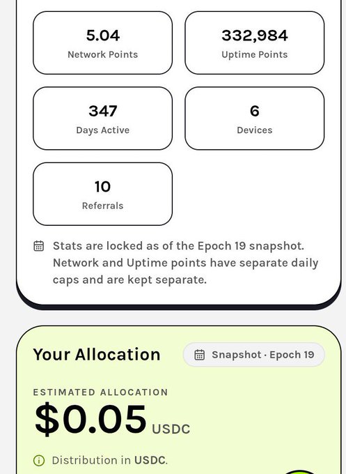 A user stats dashboard showing 5.04 Network Points, 332,984 Uptime Points, 347 Days Active, 6 Devices, 10 Referrals, with an estimated allocation of $0.05 USDC from the Epoch 19 snapshot.