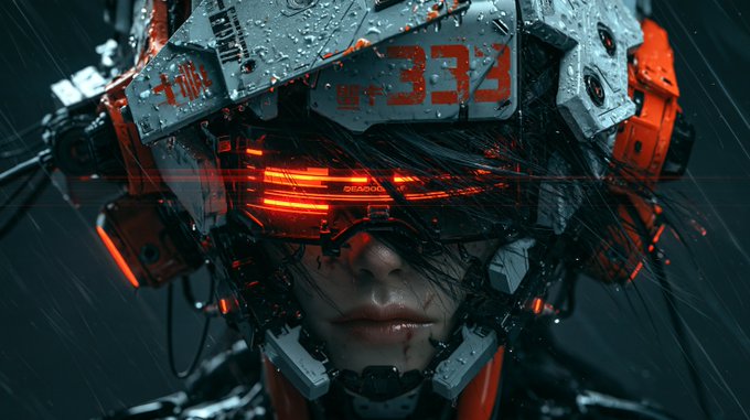 A digital artwork of a cyberpunk-style female character wearing a heavily armored, futuristic helmet with glowing red lights and the text 'DEADOO' and 'ALERT' visible on the visor.