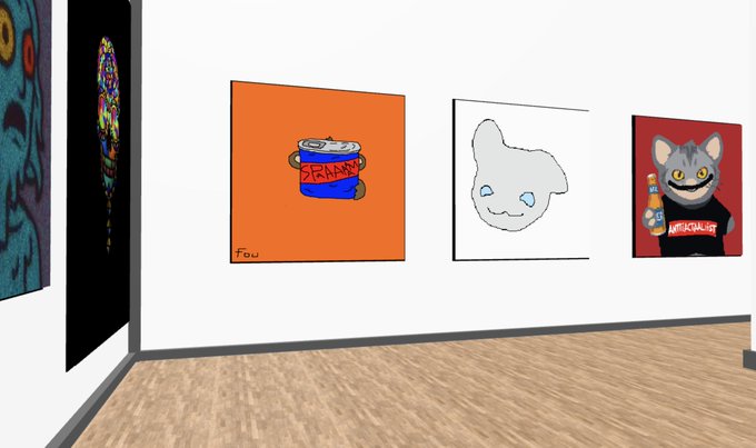 An art gallery interior displays several paintings on white walls, including a red Campbell's soup can labeled 'SKRAMS' and a grinning cat holding a beer bottle.