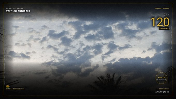 A cloudy sky at sunset or sunrise, overlaid with a graphic design featuring the text 'PROOF OF GRASS verified outdoors', 'DAY 120 IMMORTAL', and 'CERTIFIED BY touch grass'.
