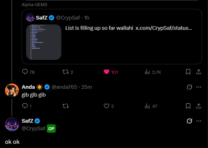 A social media post from SafZ (@CrypSaf) announcing 'List is filling up so far wallahi' under the Alpha GEMS category, with a reply from Anda saying 'gib gib gib'.