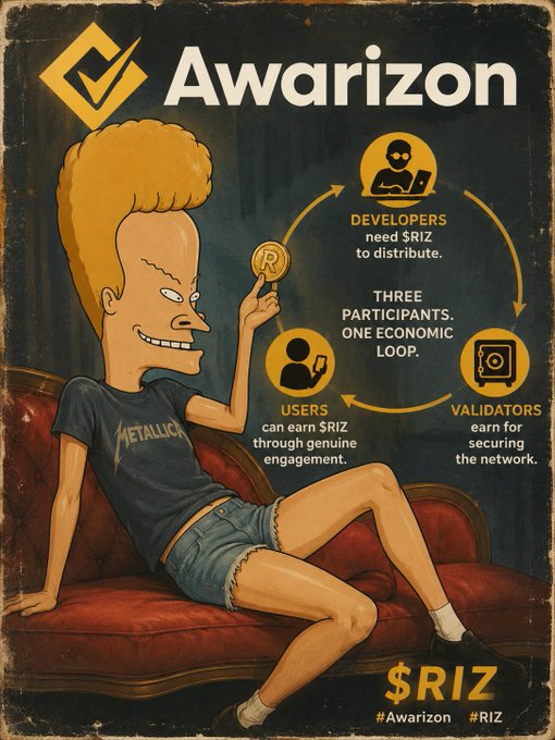 A vintage-style poster for 'Awarizon' featuring a cartoon character in a Metallica shirt holding a $RIZ coin, explaining an economic loop involving DEVELOPERS, USERS, and VALIDATORS with the hashtag #RIZ.