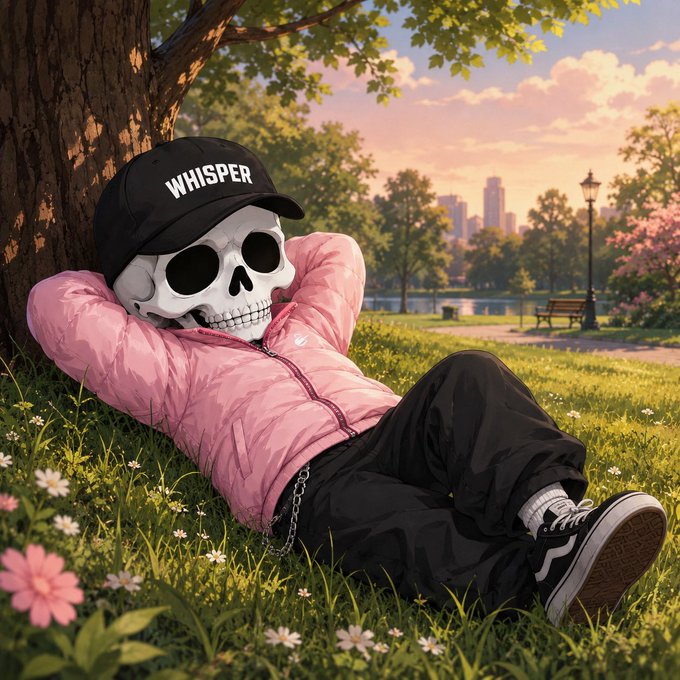 An illustrated skull wearing a black cap labeled "WHISPER" and a pink puffer jacket relaxes against a tree in a sunny park with a city skyline in the background.