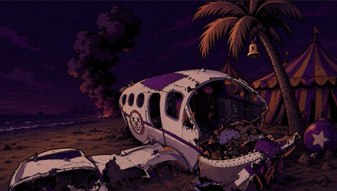 A pixel-art style illustration of a crashed, wrecked airplane on a beach at dusk, with a circus tent and palm tree in the background, contrasting with a giveaway post for 16 GTD "The Cynics NFT" prizes where users must follow, like, retweet, and drop their EVM address to enter.
