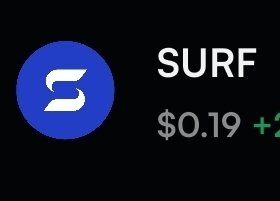 A logo and price display for the cryptocurrency 'SURF' showing $0.19 with a green positive indicator.