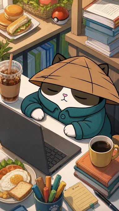 An illustrated scene of a cat sleeping at a desk wearing a conical hat, surrounded by books, a laptop, iced coffee, breakfast food, and a Poké Ball.