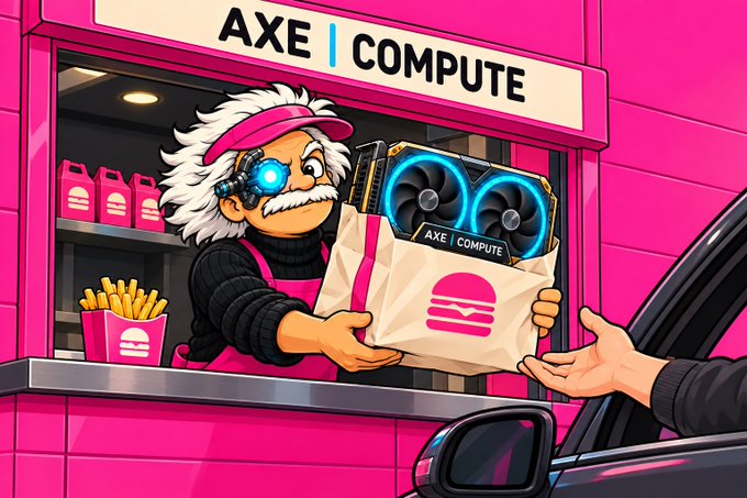 A cartoon-style illustration of a drive-thru window labeled 'AXE | COMPUTE' where a worker with wild white hair and a glowing cybernetic eye hands a bag containing a graphics card to a customer.